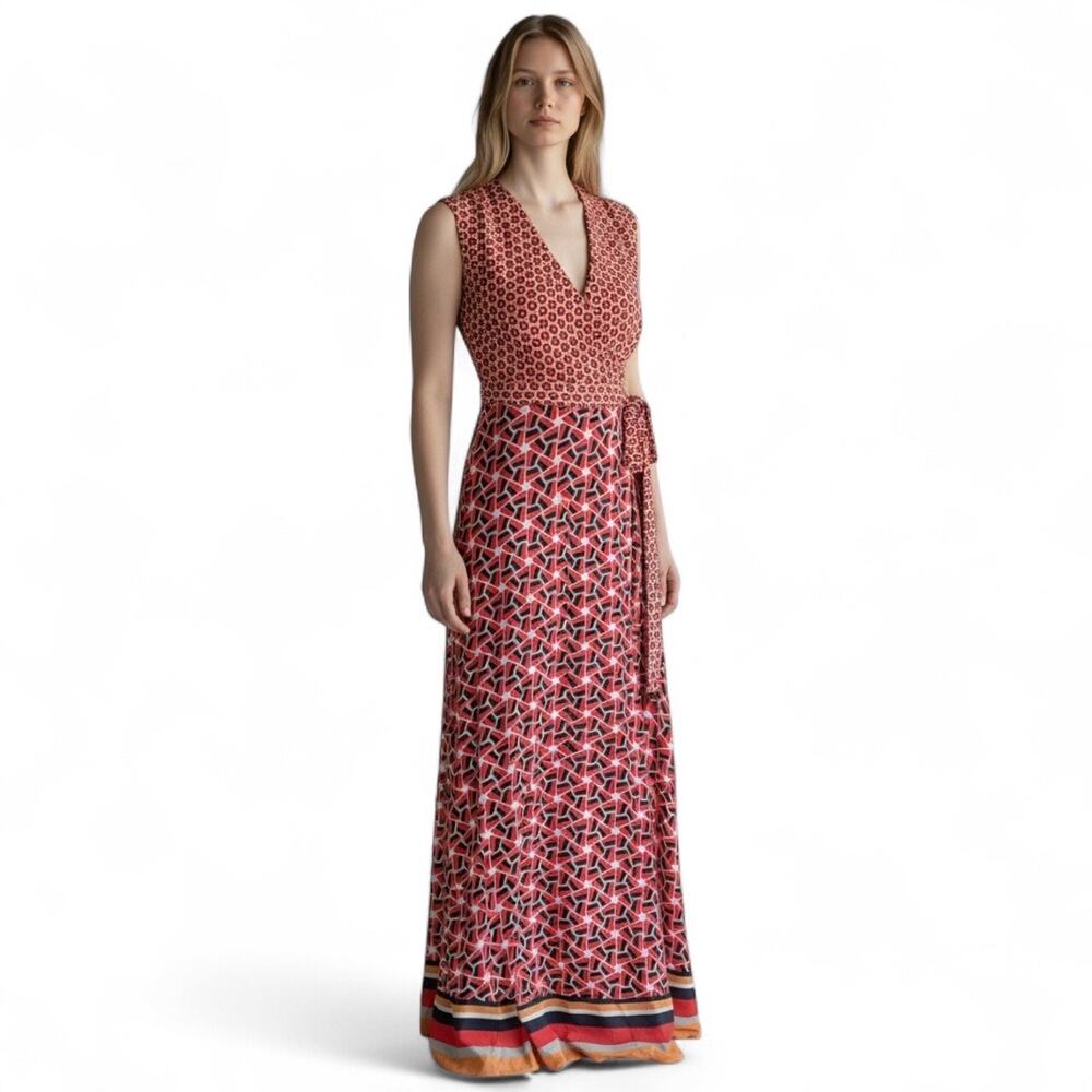 Just Taylor Women's Poppy Navy & Tangerine Pattern Surplice Top Maxi Dress Sz 2